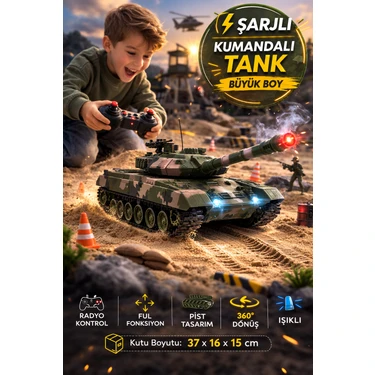 Toyfest Şarjlı Kumandalı Rc Tank 360° Döner Kule Işıklı Paletli Radyo Kontrollü Büyük Boy