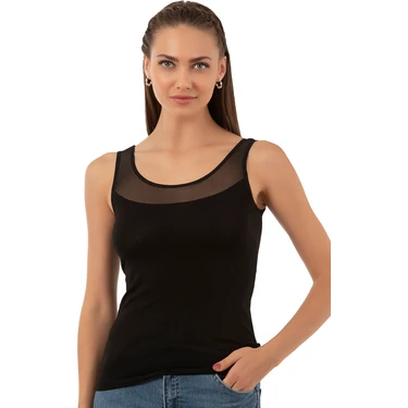 Özkan Underwear 20575 Kadın Büyük Beden Aralığı Pamuklu Likralı Tül Detaylı Kalın Askılı
