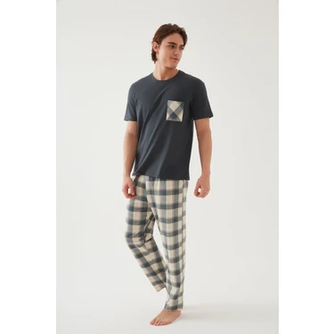 Erkek Pamuklu Üst Füme Göğüs Cepli Kısa Kollu Pijama