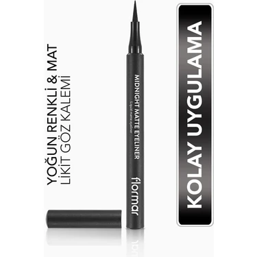 Flormar Yoğun Pigmentli ve Mat Bitişli Midnight Matte Kalem Likit Eyeliner (001 Siyah)