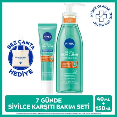 Nivea Derma Skin Clear Sivilce Karşıtı Yüz Temizleme Jeli ve Gece Kremi Seti, Salisilik Asitli