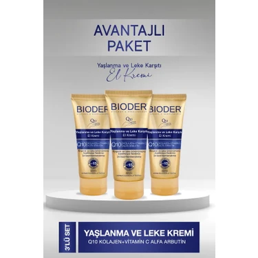 Bioder Yaşlanma ve Leke Karşıtı El Kremi - Kolajen Q10 Arbutin C Vitamini Spf 15 3'lü 50