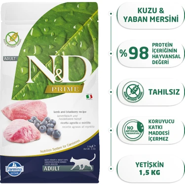 N&D Prime Tahılsız 1;5 kg Kuzu Etli Yaban Mersinli Yetişkin Kedi