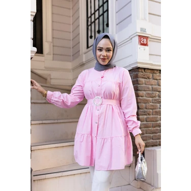 Harma Time Butik Kadın Düğmeli Kemer Detaylı Pembe