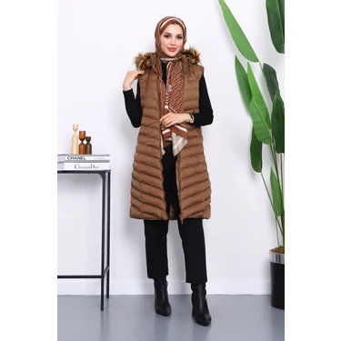 İmaj Butik Kahverengi Kapüşonlu Uzun Şişme