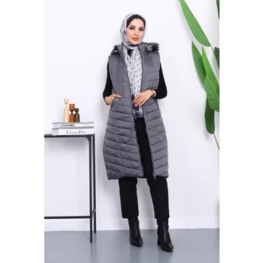 İmaj Butik Antrasit Kapüşonlu Uzun Şişme