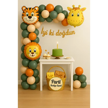 Parti Hediye Sepeti Safari Temalı Doğum Günü Balon Seti | Aslan Kaplan Zürafa Folyo Balon ve Balon