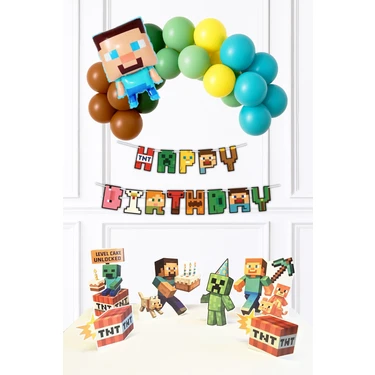 Minecraft Konsept Doğum Günü Süsleme Seti Steve Folyo Balonlu Lüks