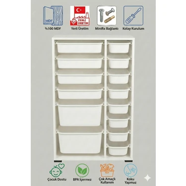%100 Mdf Gövde Kolay Minifix Bağlantı 14 Çekmece Çok Amaçlı Oyuncak Dolabı - 14 Sepetli Beyaz