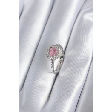 Emh Store Pirinç Gümüş Renk Pembe Zirkon Taş Kalp Charm Model Kadın Yüzük -