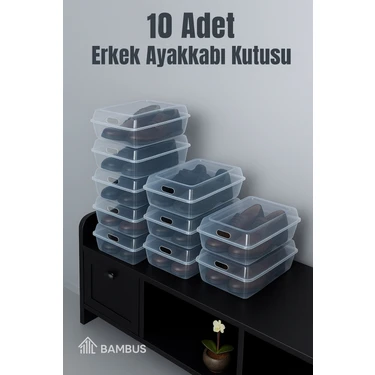 Bambus Home 10'lu Şeffaf Plastik Erkek Ayakkabı Kutusu Dayanıklı ve Pratik Kullanım