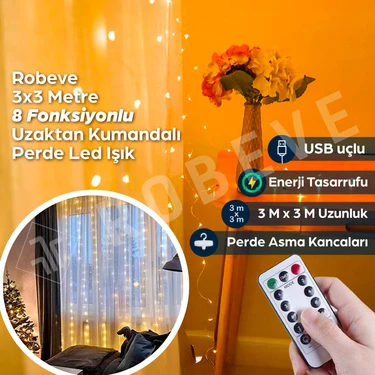 Robeve 3x3 Metre Peri LED Kumandalı Perde Asma Kancalı Peri LED Yılbaşı LED Gün Işığı LED Işık 8