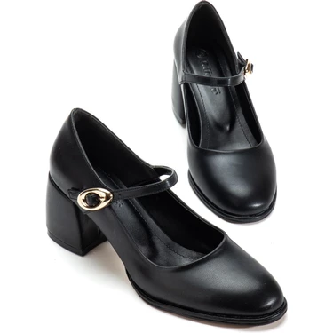 Dilimler Ayakkabı Siyah Kadın Kalın Topuklu Ayakkabı Baretli Vardola Kalın