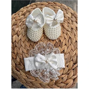 Harry&Millie Kız Bebek Fiyonk Detay Parlak Incili Patik Dantelli Bandana Set 10CM Hediyelik Patik