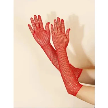 Elegance Scarf Kırmızı Uzun Tül Gelin Eldiveni Kadın Nikah Düğün İçin Taşlı Şık