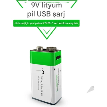 USB Şarjlı 9V 650MAH Lityum Şarjlı Pil Batarya 1200 Şarj