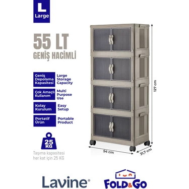Lavine Fold&go 4'lü Portatif Organizer Tekerlekli Dolap Çok Amaçlı Kapaklı Katlanır
