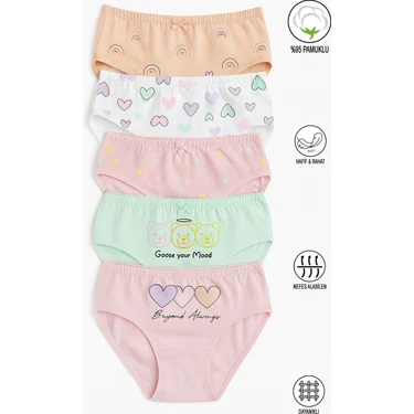 Özkan Underwear Özkan 41603 5'Li Paket Kız Çocuk Karışık Renkli Desenli Pamuklu Yumuşak Slip