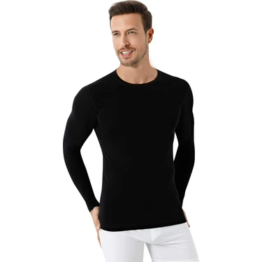 Siyah Erkek Tişört Uzun Kollu Fanila Regular Fit Bisiklet Yaka %100