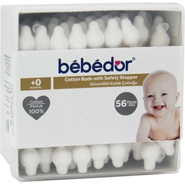 Bebedor Güvenlikli İnce Uçlu Kulak Çubuğu - %100 Pamuk, Yenidoğanlar için (0-3 Yaş), 56 Adet,