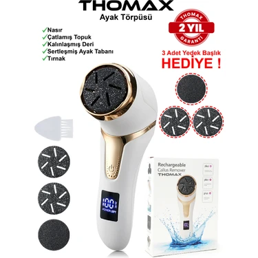 Thomax Şarjlı Ayak Törpüsü 3 Başlıklı 2 Kademeli Nasır Giderici Yıkanabilir Pedikür Cihazı –