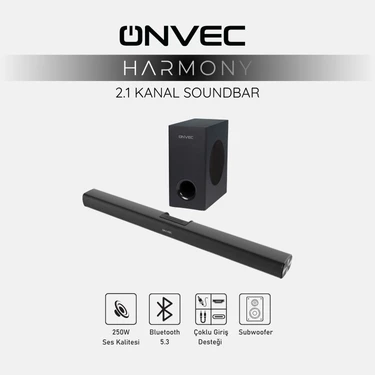 Onvec Harmony 2.1 Kanal Soundbar Bluetooth 5.3 HDMI Arc USB Optik Girişli Kablolu Subwoofer Ev