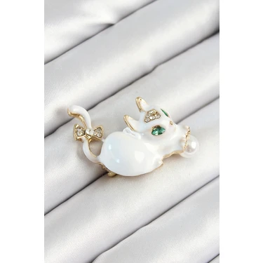 Zirkon Taşlı Inci Detaylı Beyaz 3D Kedi Figürlü Gold Renk Kadın