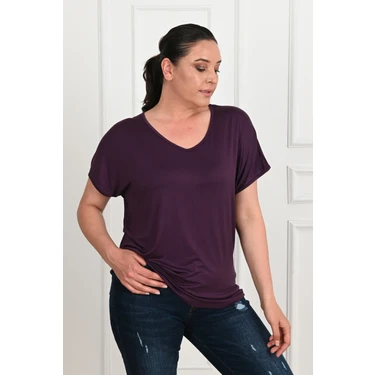 Koza Kadın V Yaka Büyük Beden T-Shirt