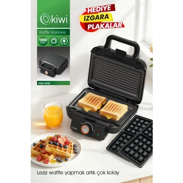 Kiwi KSM-2432 Çıkarılabilir Plakalı Waffle Makinesi - Tost Plakası Hediye