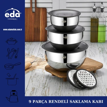 Eda 9 Parça Rendeli Karıştırma ve Saklama Kabı Seti 18/10 Çelik 16-24 cm Mikrodalga