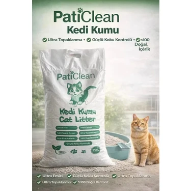 Pati Clean 20 Lt %99 Tozsuz İnce Taneli Süper Topaklanan Beyaz Bentonit Kedi Kumu Kokusuz Organik