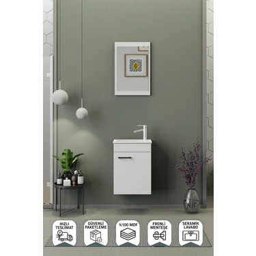 Biani Fix Arya Mini 42 Cm Banyo Dolabı,Seramik Lavabolu,Aynalı,Lavabo Dahil,Mdf,Mat