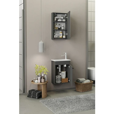 Biani Fix Loft Mini 42 Cm Banyo Dolabı,Seramik Lavabolu, Aynalı,Lavabo Dahil, Mdf,Mat
