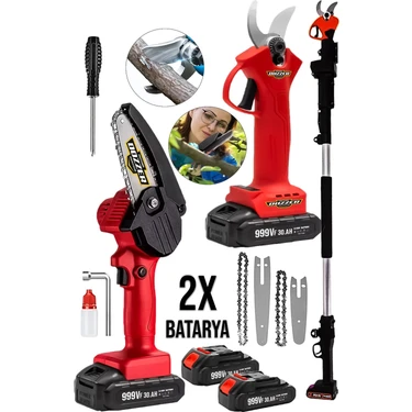Dozzer Alman 2'li Set 999VF 30AH 3 Metre Teleskopik Akülü Dal Kesme Makası ve Budama Bıçkı Testere