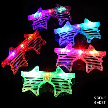 Uravas Store Işıklı Yıldız Şekilli LED Parti Gözlüğü 5 Renk 6 Lı