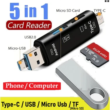 Vwin 5 In 1 Kart Okuyucu Type C / USB 2.0 / Mikro USB / Micro Sd (Tf) Otg