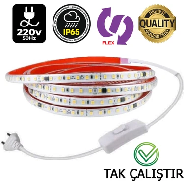 Elektroled Market 220V Şerit LED BEYAZ IŞIK 1 METRE  Yüksek Işık Fişli Anahtarlı Tak Çalıştır