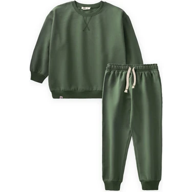 Cigit Basıc Karyoka Detaylı Sweatshirt Takım 3-8 Yaş haki