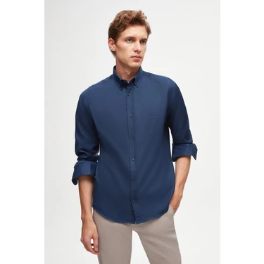 D'S Damat Slim Fit İndigo Oxford Düğmeli Yaka Kolay Ütülenebilir Nakış Detaylı Pamuklu Gömlek