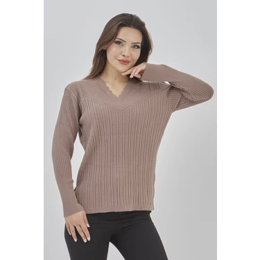 Fresh Moda Kadın Triko Esnek V Yaka Kışlık Anne