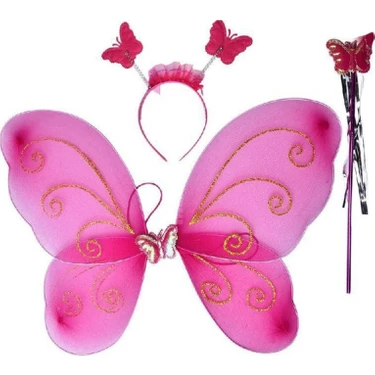 Pandoli Kelebek Kanat 50 cm Kanat Asa Taç 3 Lü Set Fuşya Pembe