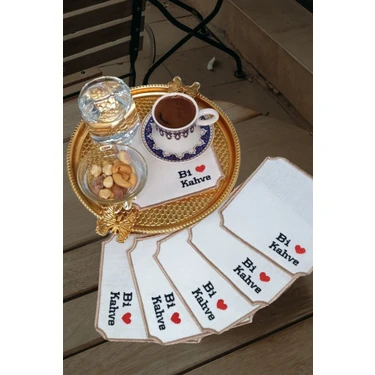 Bi Kahve 6 Adet Keten Kumaş Üzeri Nakışlı Kahve Yanı Kokteyl Peçetesi & Bardak