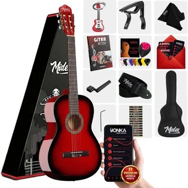 Midex CG-270RD Kırmızı Renk Klasik Gitar 4/4 Yetişkin Boy Sap Ayarlı Full
