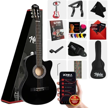 Midex CG-395BK Siyah Klasik Gitar 4/4 Sap Ayarlı Kesik Kasa Full Set (Çanta Askı Metod