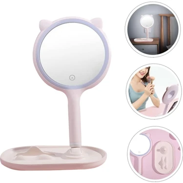 Kedi Kulaklı LED Işıklı Dokunmatik Masa Üstü Makyaj Aynası ve Telefon
