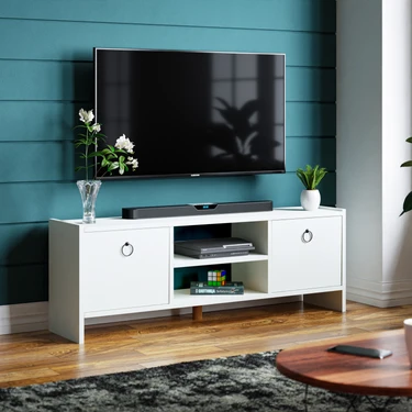 İntergo Beyaz Televizyon Sehpası Kapaklı Raflı Yonga Levha 120 cm Genişlik 44 cm