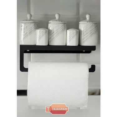 Tasagram Dekoratif Mat Siyah Metal Bahartatlık Raflı Havluluk&havlu Tutucu&kağıt