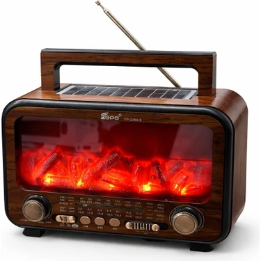 Azurtech FP-2393-S Retro Bluetooth Nostaljik Radyo – Solar Şarjlı Şömine Işıklı Hoparlör, USB