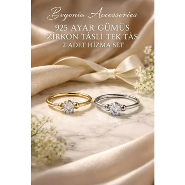 Begonia Accessories 925 Ayar Gümüş & 14K Altın Kaplama Çift Top Tek Taş 2’li Zirkon Hızma Set –