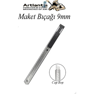 Artlantis Maket Bıçağı 9mm Metal Cep Boy Falçata Kaymaz Kilitli 9mm Bıçaklı Paslanmaz Dar Maket